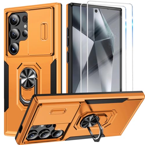 Teryei Handyhülle für Samsung Galaxy S24 Ultra Hülle [2 Glasfolie Schutzfolie], Militär Standard Kameraschutz Handy Hüllen Ständer Schutzhülle Outdoor Kratzfest Cover S24 Ultra Stoßfest Case (Orange) von Teryei