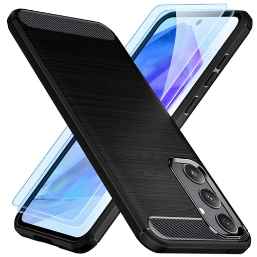 TesRank Samsung Galaxy A55 5G Hülle + 2 Stück Schutzfolie 9H Schutzglas Sets, Weiche kohlefaser Handyhülle [Shock Absorption] Kratzfest Schutzhülle Case für Galaxy A55 5G-Schwarz von TesRank