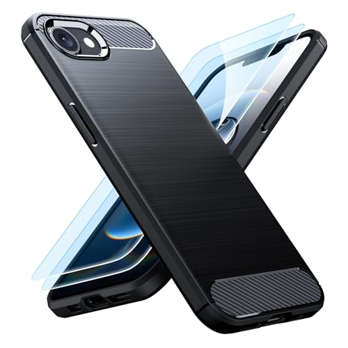 TesRank iPhone 16e Hülle + 2 Stück Schutzfolie 9H Schutzglas Sets, Weiche kohlefaser Handyhülle [Shock Absorption] Kratzfest Schutzhülle Case für iPhone 16e 2025-Schwarz von TesRank
