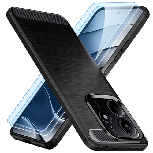TesRank Xiaomi Redmi Note 14 5G (Nicht für 4G) Hülle + 2 Stück Schutzfolie 9H Schutzglas Sets, Weiche kohlefaser Handyhülle [Shock Absorption] Kratzfest Schutzhülle Case für Redmi Note 14-Schwarz von TesRank