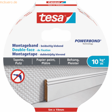 10 x Tesa Montageband für Tapeten und Putz 5mx19mm (10kg/m) weiß von Tesa