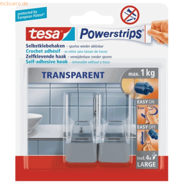 8 x Tesa Powerstrips Haken Large transparent/mattchrom VE=2 Stück von Tesa
