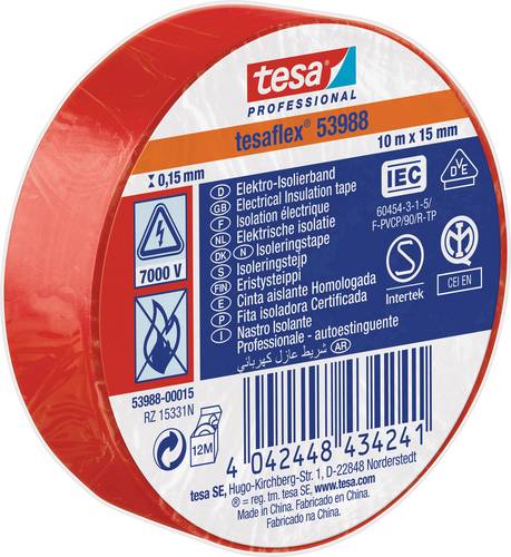 Tesa 53988-00015-00 Isolierband tesa® Professional Rot (L x B) 10m x 15mm von Tesa