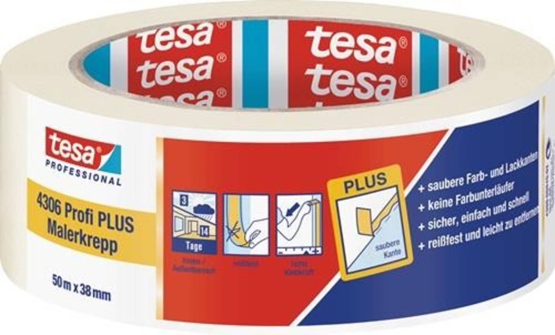 Tesa Malerkreppband 4306 Profi PLUS leicht gekreppt hellbeige L.50m B.38mm Rl. Tesa Malerkreppband 4306 Profi PLUS leicht gekreppt hellbeige L.50m B.38mm Rl. von Tesa