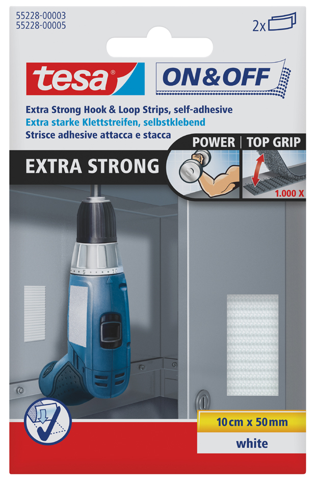 tesa On & Off extrastarke Klettstreifen, 50 x 100 mm, weiß von Tesa