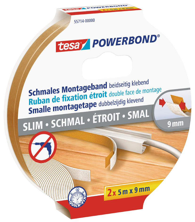 tesa Powerbond Montageband Schmal, 2 x 9 mm x 5 m, transp. von Tesa