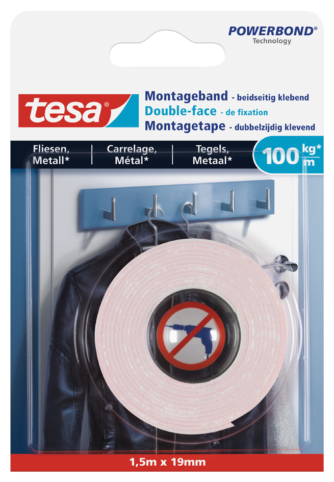 tesa Powerbond Montageband für Fliesen/Metall, 19 mm x 1,5 m von Tesa