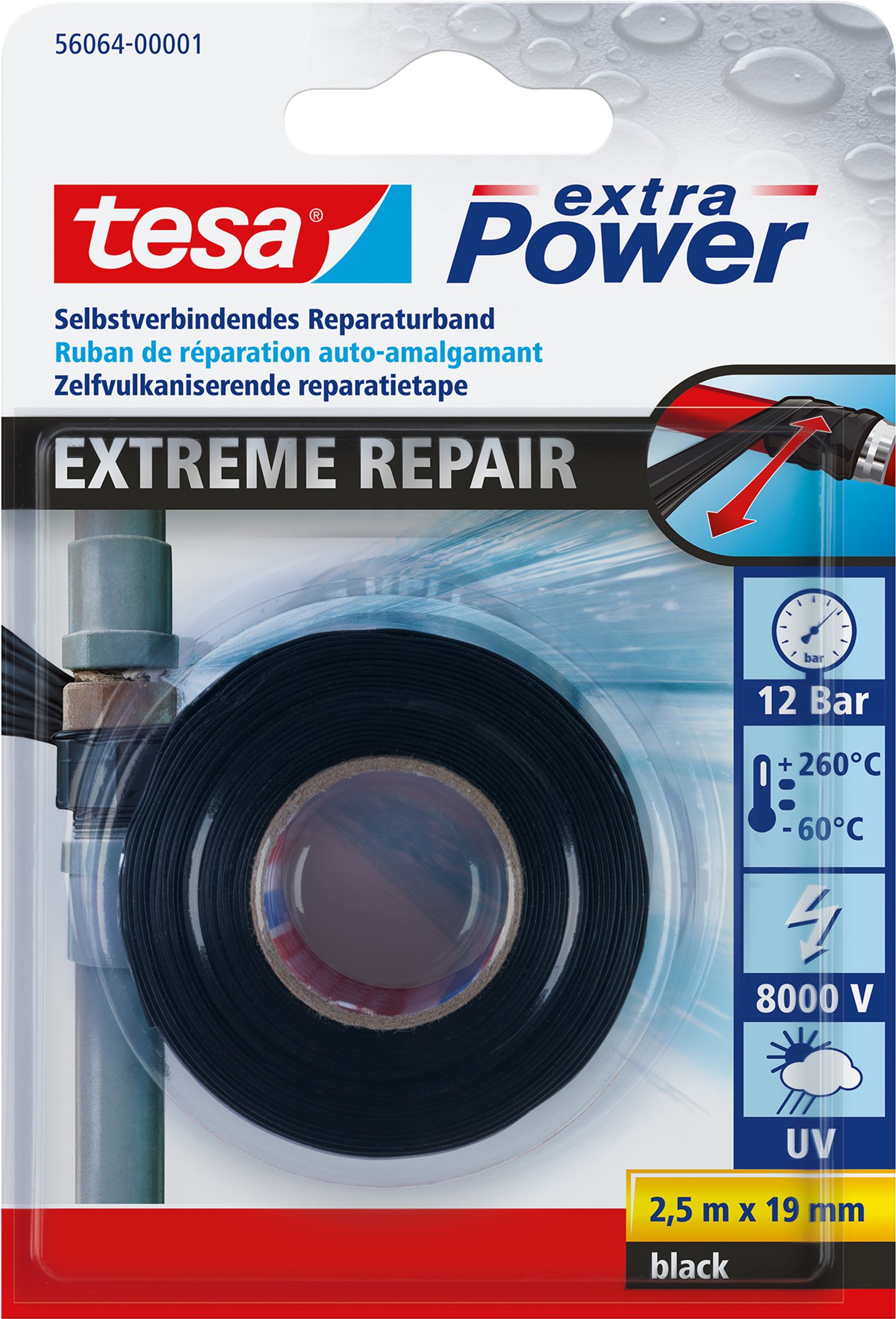 tesa Reparaturband Extreme Repair Tape, 19 mm x 2,5 m selbstverschweißendes Silikonband, klebt ohne Klebmasse, - 1 Stück (56064-00001-00) von Tesa