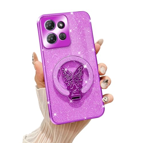 Tesazxcn Schutzhülle für Motorola Moto G 5G 2025, mit Schmetterlingsständer, kompatibel mit Magsafe, Frauen und Mädchen, glitzernd, transparent, stoßfest, Schutzhülle für Moto G 5G 2025, Lila von Tesazxcn