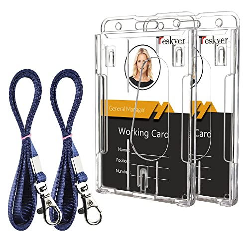 Teskyer 2 Stück Ausweishalter, 2 Stück Schlüsselband Lang, Vertikaler Transparenter ID Karten Namenshalter mit Edelstah J-Hook Lanyard, 1 Kartenfächern, Blau von Teskyer