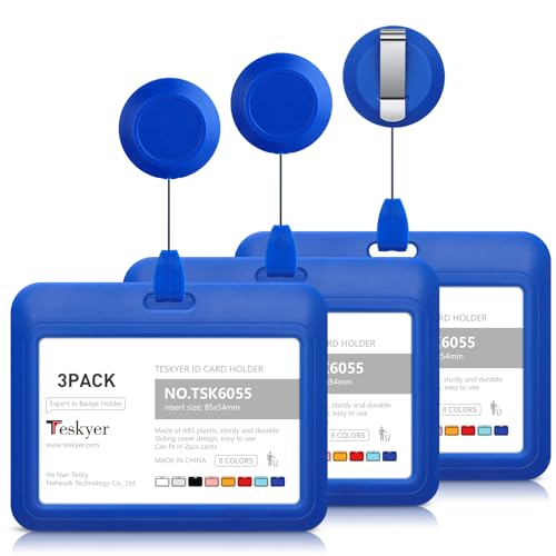 Teskyer 3 Stück Ausweishülle mit Band, Ausweishalter Ausziehbar, Schlüsselanhänger Ausziehbar, mit 1 Klarsichtfenster, für Büro, Geschäft, Buspässe, Horizontal, Blau von Teskyer