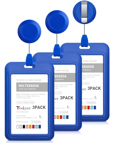 Teskyer 3 Stück Ausweishülle mit Band, Ausweishalter Ausziehbar, Schlüsselanhänger Ausziehbar, mit 1 Klarsichtfenster, für Büro, Geschäft, Buspässe, Vertikal, Blau von Teskyer