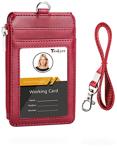 Teskyer Ausweishülle mit Band, Kartenhalter mit Reißverschluss, PU Leder, 1 durchsichtiges Ausweisfenster und 3 Kartenfächer, Rot von Teskyer