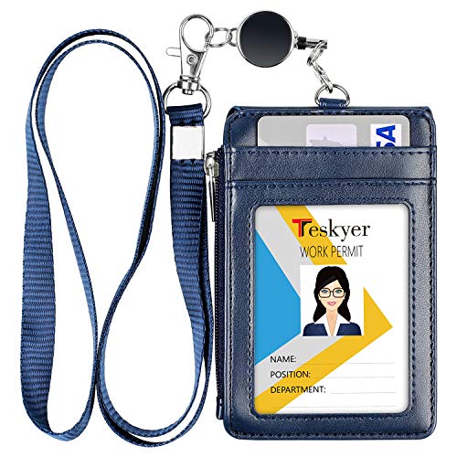 Teskyer ID Badge Holder with Retractable Lanyard, 4 Card Slots, Premium PU Leather ID Card Holder with Zipper Pocket, Easy Swipe ID Holder for Work ID, School ID, Metro Card and Access Card von Teskyer