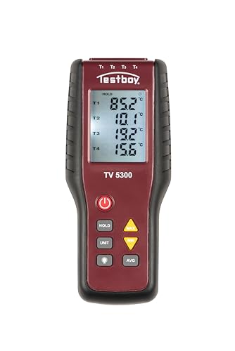 Testboy TV 5300, 4-Kanal Thermometer, Temperaturmessgerät (Data-Hold Funktion, 4 Anschlussmöglichkeiten, Vor- und Rücklauf messbar, Messbereich: -200 °C bis 1372 °C, LC-Display, inkl. 2 Messklemmen) von Testboy