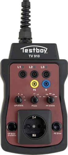 Testboy TV 910 Prüfadapter für Ladestationen, EVSE-Adapter (für Wallboxen mit und ohne Kabel, LED-Anzeige und Schuko-Steckdose, CAT III 400V, Elektriker Werkzeug inkl. Tasche) von Testboy