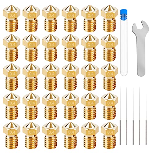 3D Drucker Düsen 0,4 mm Messing Düse Nozzle Nozzle Set,Extruder Druckkopf Für 1,75 mm Filament E3D V5-V6 3D Drucker Zubehör Az.B. Anycubic I3 Mega Prusa I3 MK3/MK3S Printer,Düsenreiniger Tool(30Stück) von Tesyeux