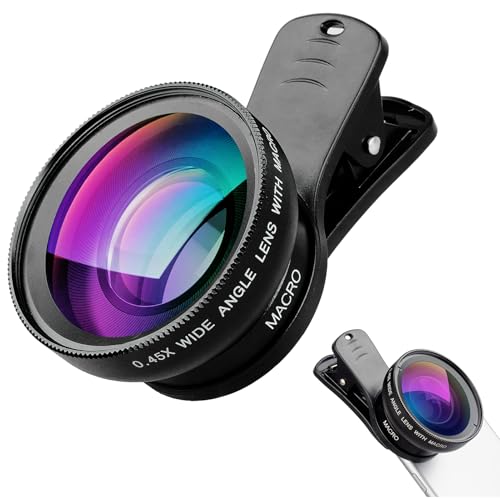 2 in 1 Handy Objektiv, Handy Kamera Objektiv, 0.45X Weitwinkelobjektiv & 12.5X Makroobjektiv, Clip On Kamera Adapter für iPhone, Samsung und die meisten Android Smartphones, Schwarz von Teuena