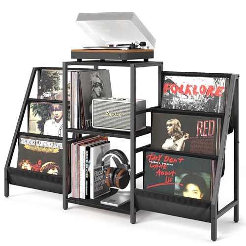Plattenspielerständer mit Vinylaufbewahrung, Plattenspielertisch mit Schallplattenspeicher bis zu 280 Alben, Turnta ble Ständer mit Schallplattenhalter Display Regal, Schallplattenschrank für Medien von Tewinko