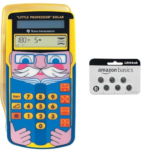 Texas Instruments Little Professor Rechentrainer (für Vor- und Grundschule, Solarbetrieben, mit 80.000 Rechenaufgaben) gelb-blau & Amazon Basics – LR44 Alkaline-Knopfzelle, 6 stück von Texas Instruments