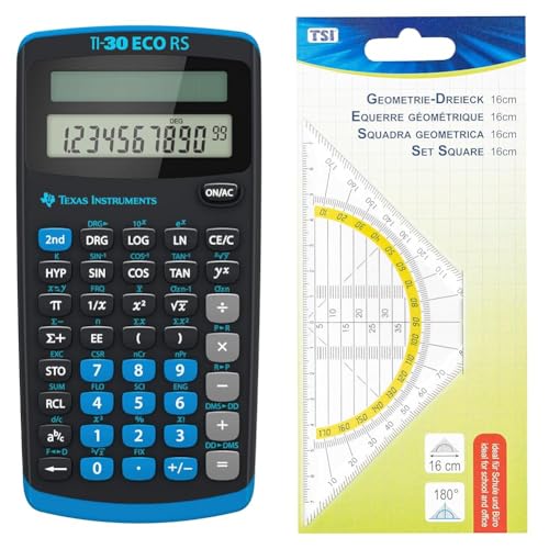 Texas Instruments TI-30 ECO RS Schulrechner, Technisch-Wissenschaftlich (Einzeiliges 10-stelliges Display, Solarbetrieb) Schwarz & TSI Geodreieck 16 cm, transparent, Art. Nr. 46302 von Texas Instruments