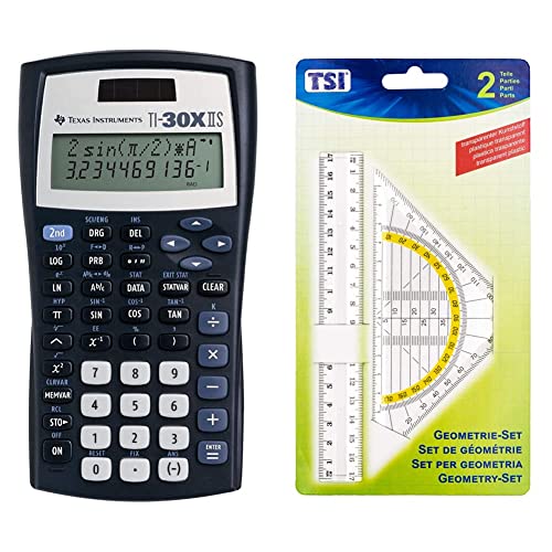 Texas Instruments TI-30 XIIS Schulrechner (zweizeilig, Solar- und Batteriebetrieb) Dunkelblau & TSI 46303 Geometrie-Set (Lineal 17 cm und Geo-Dreieck 16 cm) von Texas Instruments