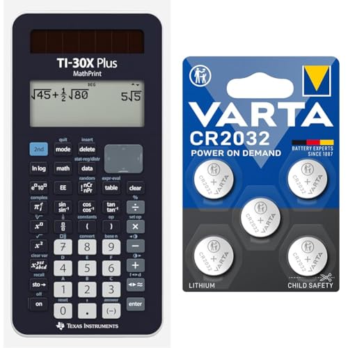 Texas Instruments TI-30X Plus MathPrint Wissenschaftlicher Schulrechner (4-zeilig) & VARTA Batterien Knopfzellen CR2032, 5 Stück, Power on Demand, Lithium von Texas Instruments