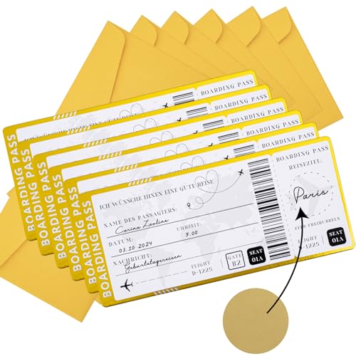 6 Stück Goldenes Reisegutschein Flugticket mit Rubbelaufkleber, Bordkarte zum beschriften mit Umschlägen, Einzigartige Reise Geschenk Verpackung für Valentinstag,Geburtstag,Geschenk für Freundinnen von Teyomi