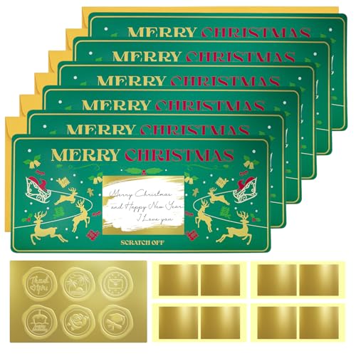 6 Weihnachtskarte mit Umschlag,Weihnachtskratzkarte Überraschungsgeschenk Enthüllung, 20cmx9cm Frohes Neues Jahr Karte,Grüner Elch Grußkarte zum selber schreiben für Freundin,Ehefrau,Familie,Freund von Teyomi