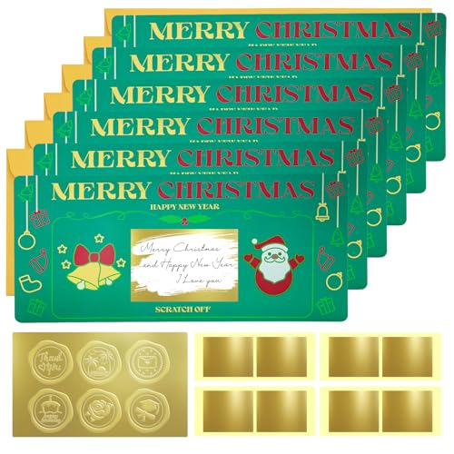 6 Weihnachtskarte mit Umschlag,Weihnachtskratzkarte Überraschungsgeschenk Enthüllung, 20cmx9cm Frohes neues Jahr Karte, Grüner Weihnachtsmann zum selber schreiben für Freundin,Ehefrau,Familie,Freund von Teyomi