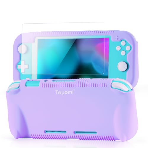 Teyomi Hülle für Nintendo Switch Lite Silikon Schutzhülle mit Schutzfolie, 4 PCS Joystick Kappen und Spiel Kartensteck Plätze, Case Skin mit Standhaft, Stoßdämpfendem und Kratzfestem Design(lila) von Teyomi