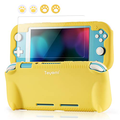 Teyomi Hülle für Nintendo Switch Lite Silikon Schutzhülle mit Schutzfolie, 4 PCS Joystick Kappen und Spiel Kartensteck Plätze, Case Skin mit Standhaft, Stoßdämpfendem und Kratzfestem Design (Gelb) von Teyomi