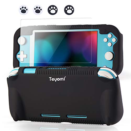 Teyomi Hülle für Nintendo Switch Lite Silikon Schutzhülle mit Schutzfolie, 4 PCS Joystick Kappen und Spiel Kartensteck Plätze, Case Skin mit Standhaft, Stoßdämpfendem und Kratzfestem Design (Schwarz) von Teyomi