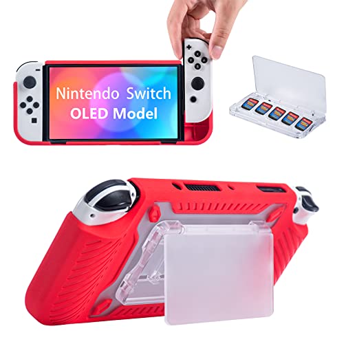 Teyomi Hülle kompatibel mit Nintendo Switch OLED Modell 2021, Schutzhülle für Nintendo Switch OLED mit Spiel Aufbewahrung, TPU Joy-Con Griff Cover, Nintendo Switch OLED Case (Rot) von Teyomi