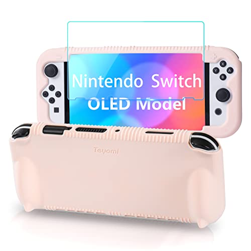 Teyomi Silikon Hülle kompatibel mit Nintendo Switch OLED Modell 2021, stoßfeste Schutzhülle mit Displayschutz aus gehärtetem Glas, ergonomische Griffhülle für Switch OLED, 2 Spielkartenfächer (Rosa) von Teyomi