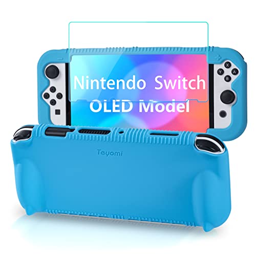 Teyomi Silikon Hülle kompatibel mit Nintendo Switch OLED Modell 2021, stoßfeste Schutzhülle mit Displayschutz aus gehärtetem Glas, ergonomische Griffhülle für Switch OLED, 2 Spielkartenfächer (Blau) von Teyomi