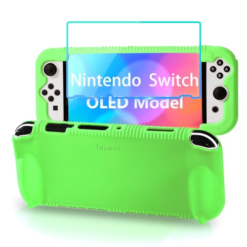 Teyomi Silikon Hülle kompatibel mit Nintendo Switch OLED Modell 2021, stoßfeste Schutzhülle mit Displayschutz aus gehärtetem Glas,ergonomische Griffhülle für Switch OLED,2 Spielkartenfächer(Grün) von Teyomi