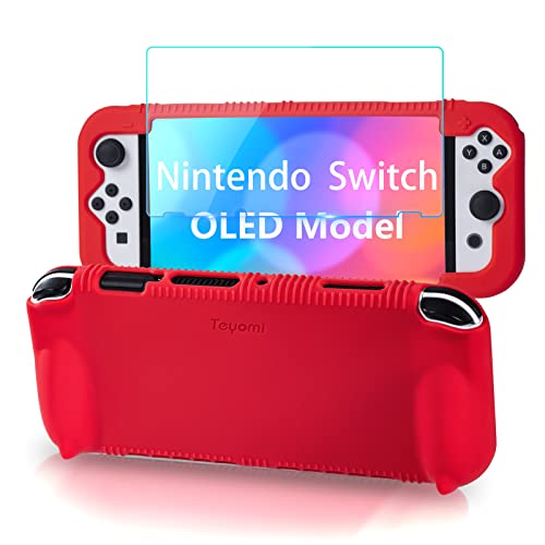 Teyomi Silikon Hülle kompatibel mit Nintendo Switch OLED Modell 2021, stoßfeste Schutzhülle mit Displayschutz aus gehärtetem Glas,ergonomische Griffhülle für Switch OLED,2 Spielkartenfächer (rot) von Teyomi