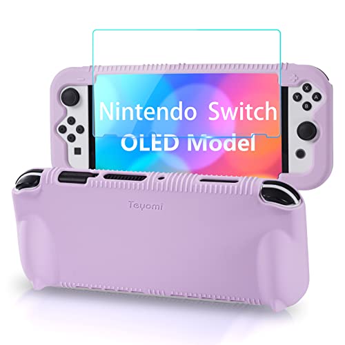 Teyomi Silikon Hülle kompatibel mit Nintendo Switch OLED Modell 2021, stoßfeste Schutzhülle mit Displayschutz aus gehärtetem Glas,ergonomische Griffhülle für Switch OLED,2 Spielkartenfächer (Violett) von Teyomi