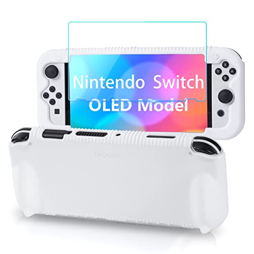 Teyomi Silikon Hülle kompatibel mit Nintendo Switch OLED Modell 2021, stoßfeste Schutzhülle mit Displayschutz aus gehärtetem Glas,ergonomische Griffhülle für Switch OLED,2 Spielkartenfächer (Weiß) von Teyomi