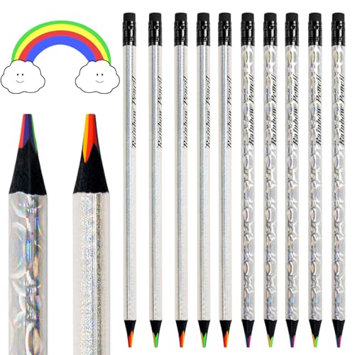 ThEast 10 Stück Regenbogen Buntstifte, 4 in 1 Farben Regenbogenstifte, Holografische Design Mehrfarbige Bleistifte zum Ausmalen und Skizzieren für Kinder und Erwachsene, Vorgespitzt von ThEast