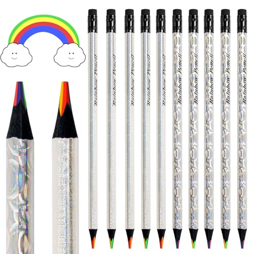 ThEast 10 Stück Regenbogen Buntstifte, 4 in 1 Farben Regenbogenstifte, Holografische Design Mehrfarbige Bleistifte zum Ausmalen und Skizzieren für Kinder und Erwachsene, Vorgespitzt von ThEast