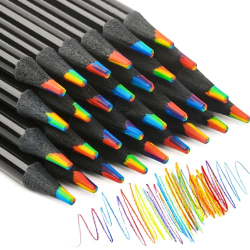ThEast 48 Stück schwarze hölzerne Regenbogen Buntstifte, 7 Farben in 1 Regenbogenstifte, Buntstifte Jumbo für Kinder und Erwachsene, Mehrfarbige Mitgebsel Besondere Bleistifte von ThEast