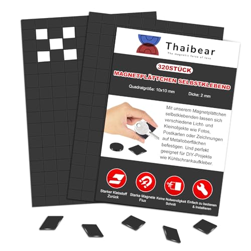 Thaibear Magnetplättchen selbstklebend, Magnetstreifen mit Starker Kleber (10 x 10 mm, 320 Stück) | Klebemagnete selbstklebend stark Perfekt für DIY, Kunstprojekte, Whiteboards von Thaibear