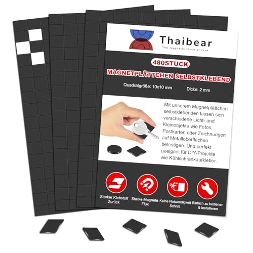 Thaibear Magnetplättchen selbstklebend, Magnetstreifen mit Starker Kleber (10 x 10 mm, 480 Stück) | Klebemagnete selbstklebend stark Perfekt für DIY, Kunstprojekte, Whiteboards von Thaibear