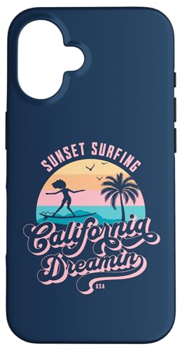 Surfen bei Sonnenuntergang in California Dreamin Hülle für iPhone 16 von The Aqua Cottage