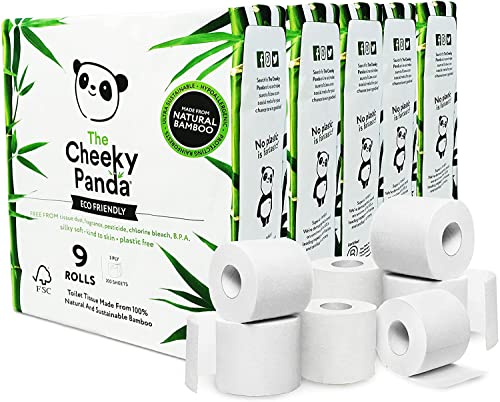 The Cheeky Panda Bambus Toilettenpapier 3-Lagig Großpackung | 48 Rollen x 200 Blatt (9 Rollen x 5) | Klopapier Plastikfrei Verpackt | Eco WC Papier von The Cheeky Panda