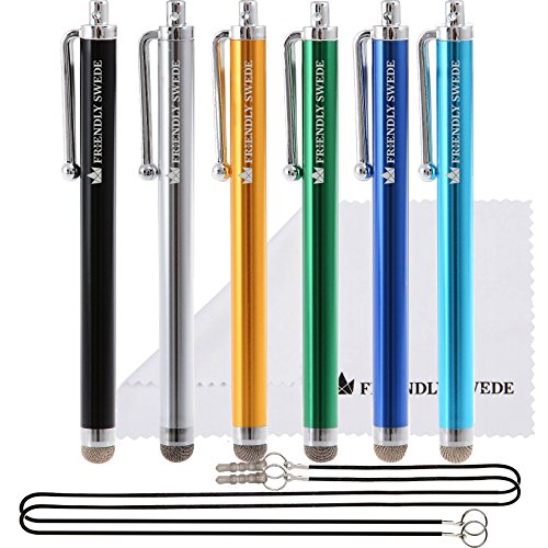 6 Stück Hybrid Touchscreen Stift, Eingabestift, Stylus mit Mikrofaserspitze [11,5 cm] + 6 x 38 cm Lange Schnüre + 1 x Reinigungstuch (Silber Gelb Grün Blau) (Silber Gelb Grün Blau) von The Friendly Swede