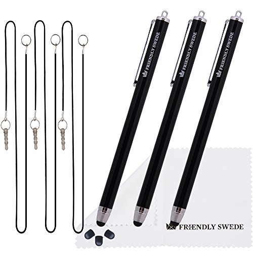 The Friendly Swede Eingabestift Touchstift Stylus Stift (3er-Set) für Tablett und Handy, mit dünnerer Spitze, Ersatzspitzen, Anhängern und Reinigungstuch (Schwarz) von The Friendly Swede