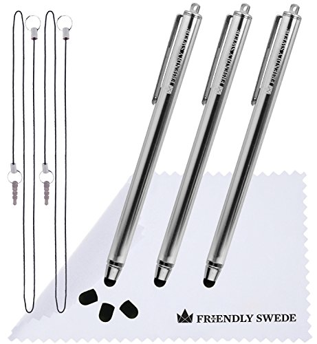 The Friendly Swede Eingabestift Touchstift Stylus Stift (3er-Set) für Tablett und Handy, mit dünnerer Spitze, Ersatzspitzen, Anhängern und Reinigungstuch (Silber) von The Friendly Swede